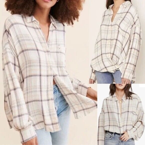 Free People Plaid Year Round 100% Cotton Gauzy‎ Preppy Button Down Shirt XS - Picture 1 of 10